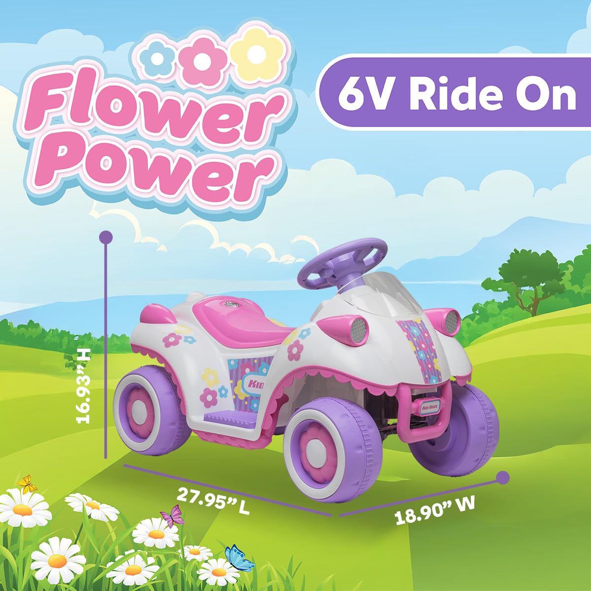 Kid Trax Flower Power 6V Ride On - Little Girls Toys, Toddler Car, Ride On Car, Kids' Electric Vehicle, Durable, Inside/Outside