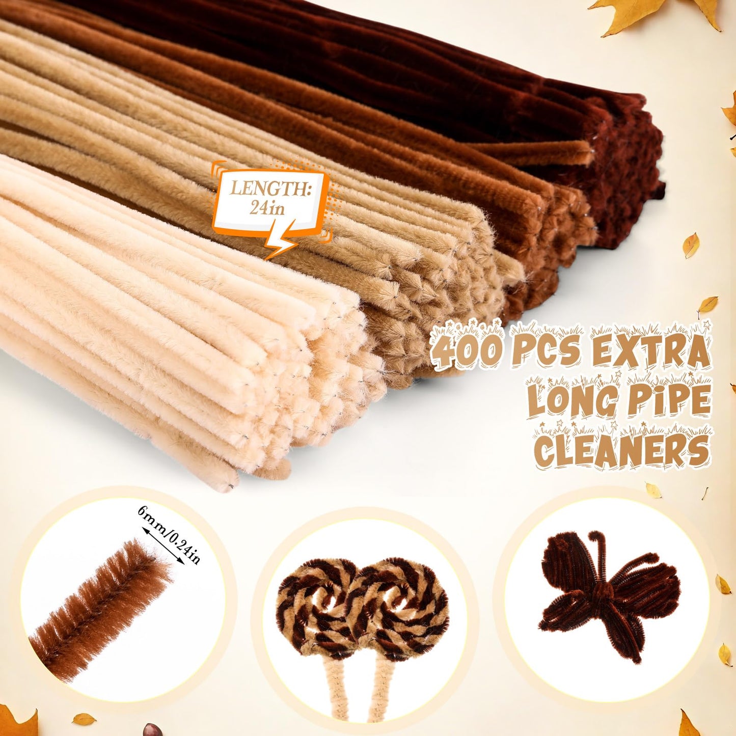 RoundFunny 400 Pcs 24 Inch Extra Long Brown Pipe Cleaners Chenille Stem Thick Fluffy Pipe Cleaners Craft Supplies for Halloween