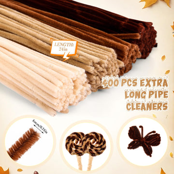 RoundFunny 400 Pcs 24 Inch Extra Long Brown Pipe Cleaners Chenille Stem Thick Fluffy Pipe Cleaners Craft Supplies for Halloween