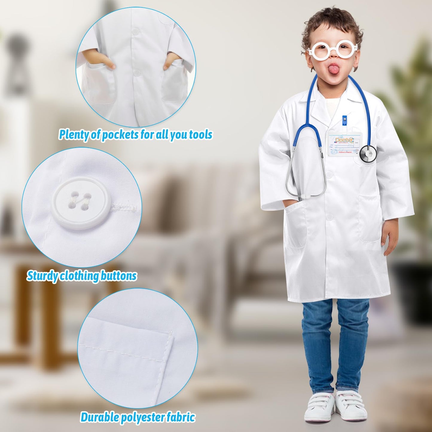 Erdogly Kids Doctor Costume, Lab Coat For Kids With Working Stethoscope, Toddler Doctor Costume Scientist Outfit, Halloween, Car