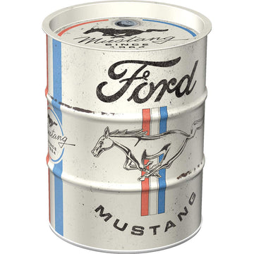 Nostalgic-Art Retro Money Box Oil Barrel  20.3 oz  Ford Mustang - Horse & Stripes Logo - Gift idea for car Accessories Fans  Metal Piggy Bank  Vintage tin moneybank