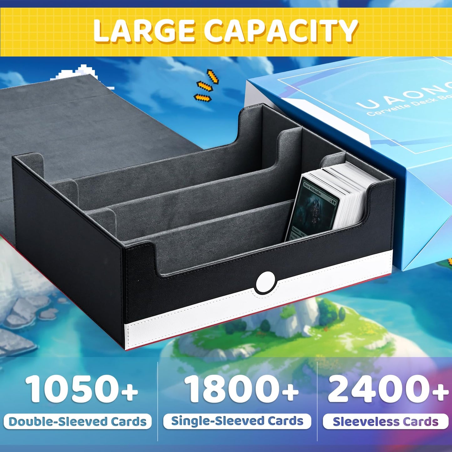 Uaono Card Storage Box For Trading Cards, 1800+ Pu Leather Commander Card Deck Case, Magnetic Closure Card Holder Fits For Magic Game Cards (Red&White)