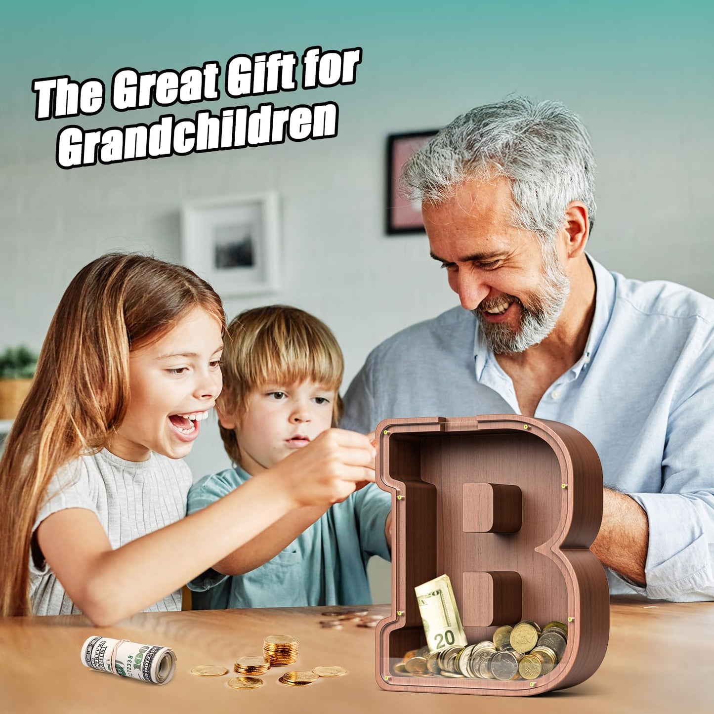 Summidate Wooden Letter Piggy Bank  Extra Thick Large Capacity Piggy Bank for Kids Boys Girls Toddler  Alphabet B Money Bank| Coin Box Birthday  Christmas  Festival