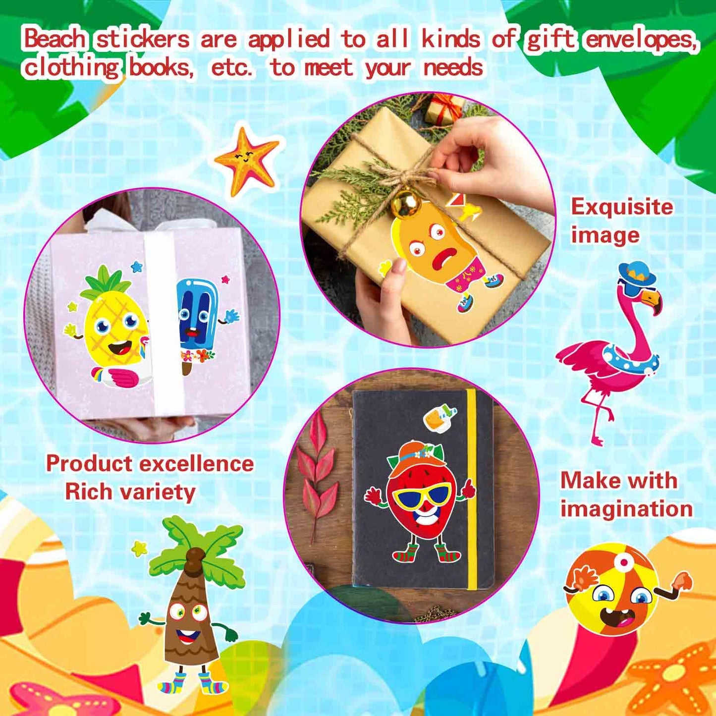24 Sheets Summer Make A Face Sticker Hawaii Tropical Pool Beach Stickers For Kids, Make Your Own Watermelon Pineapple Flamingo S