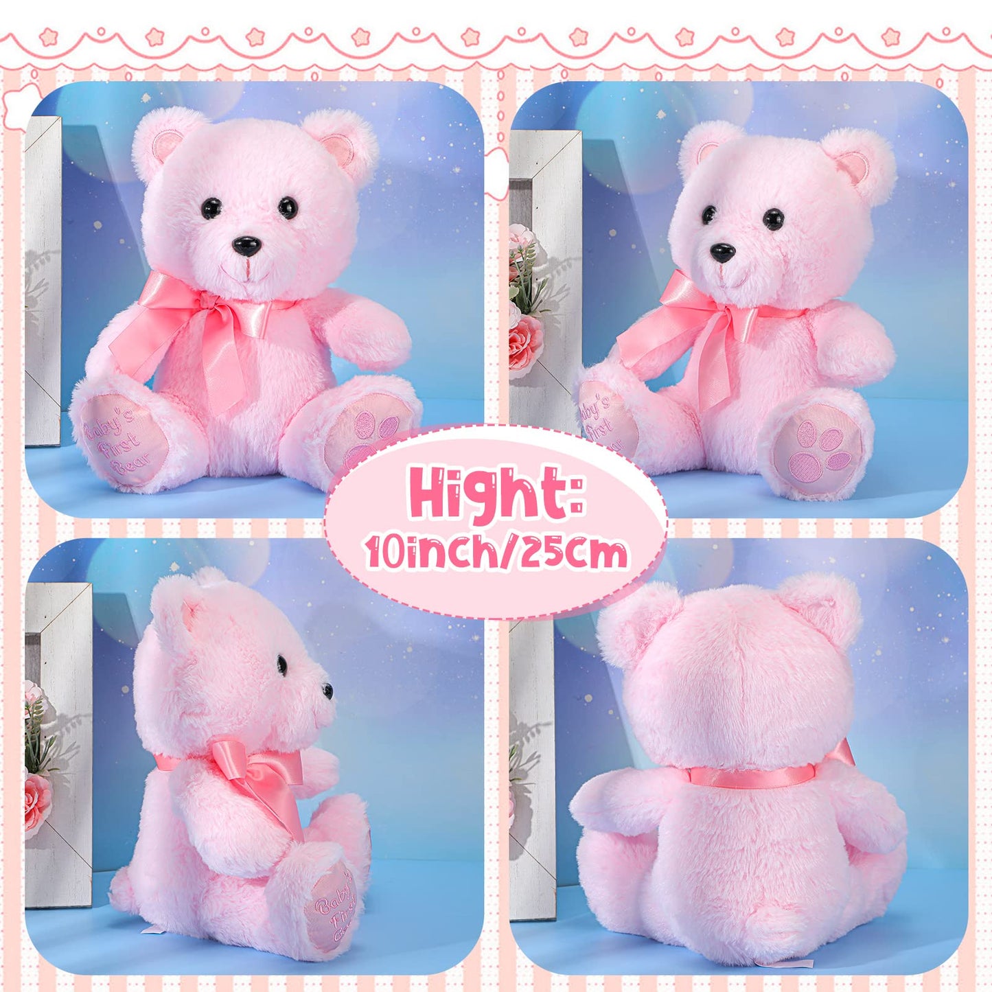 Chalyna 10 Inch Bear Stuffed Animal Gift First Bear Baby Shower Plush Toy For Wedding Birthday Easter Back To School Gift(Pink)