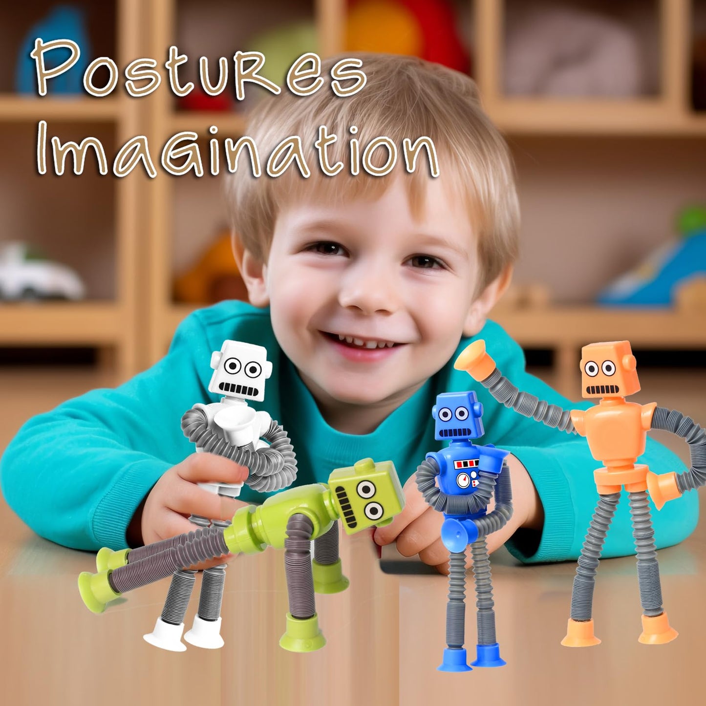 YAYOSUE 4PCS Telescopic Robot Suction Cup Toy - Shape Changing Fidget Toys, Plastic, Robot Color, Model SUN-001, Perfect for Kids