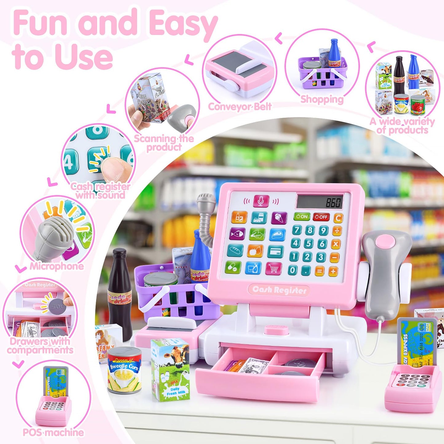 PLAY Kids Cash Register Toy - Pretend Play Calculator Register Toys with Microphone/Conveyors/Play Money/Scanner/Credit Card/Can