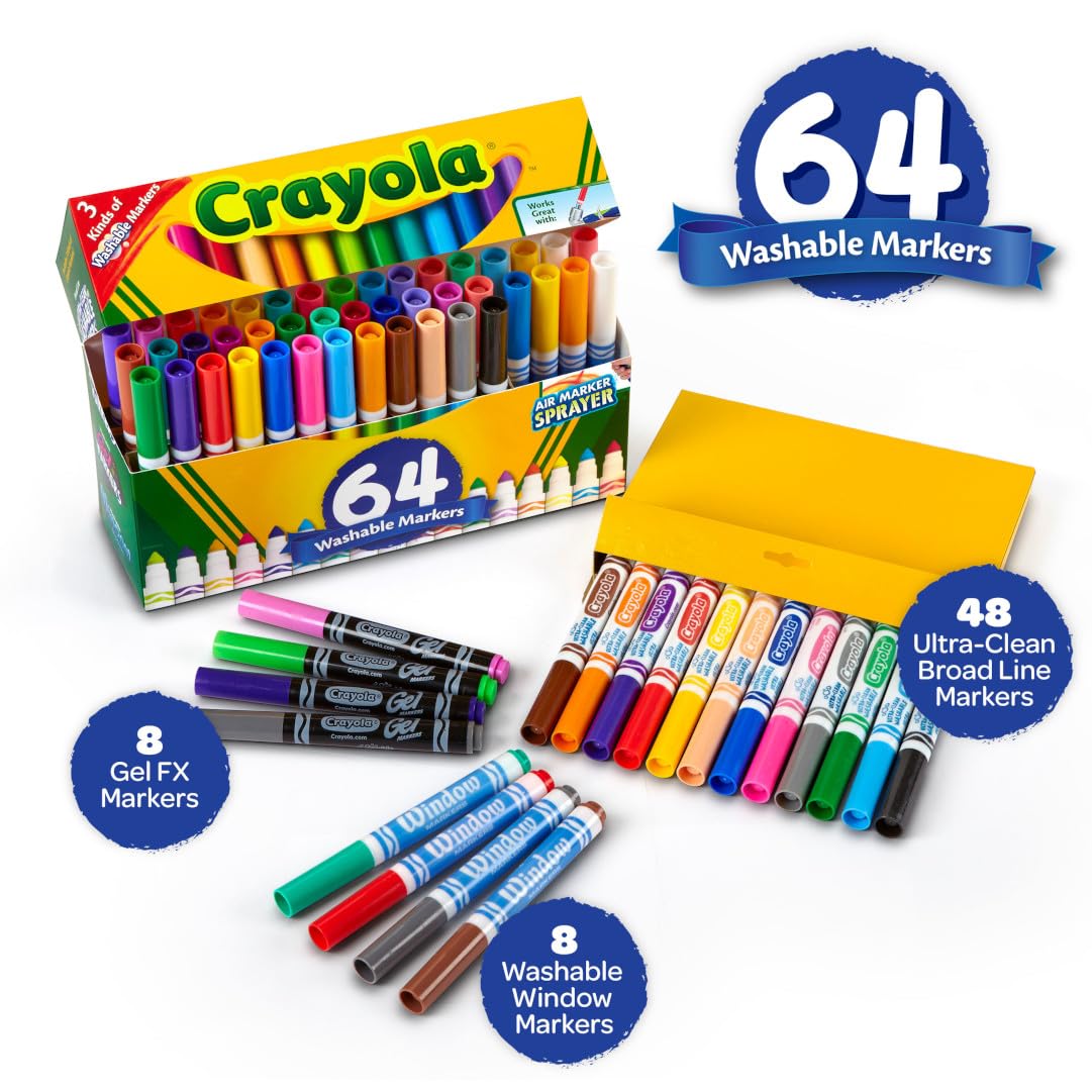 Crayola Washable Broad Line Marker Variety Box, 48 Ultra-Clean Markers, 64 Count, Gel FX & Window Markers, Ideal for Kids
