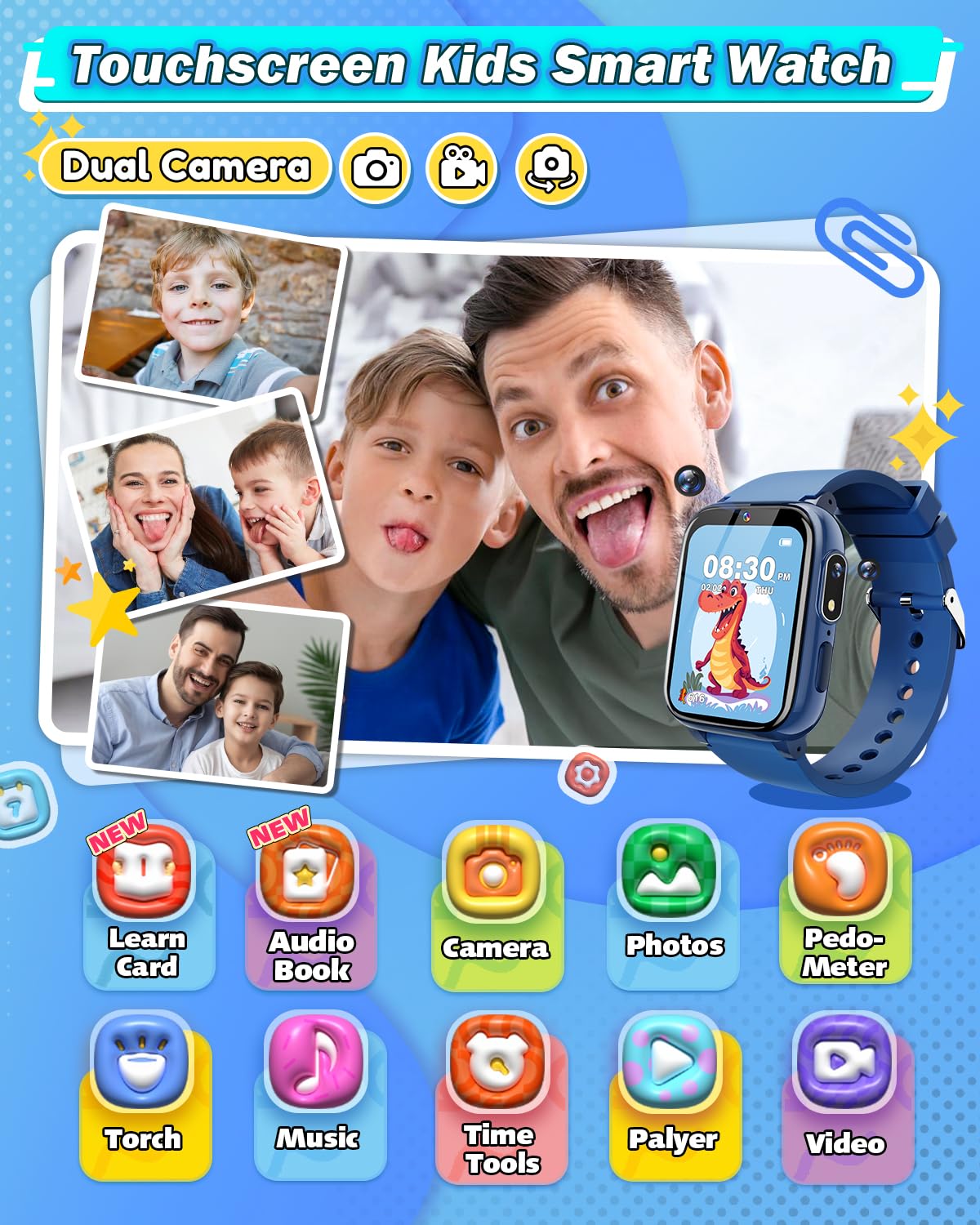 Sueseip Kids Watch For Boys Toys Age 6-8, Hd Touchscreen Dual Cameras Smart Watch For Kids Boys Ages 5-7, Kids Toys With 26 Games Learn Card Audio Story For 6 7 8 9 10 Year Old Boys Birthday Gifts