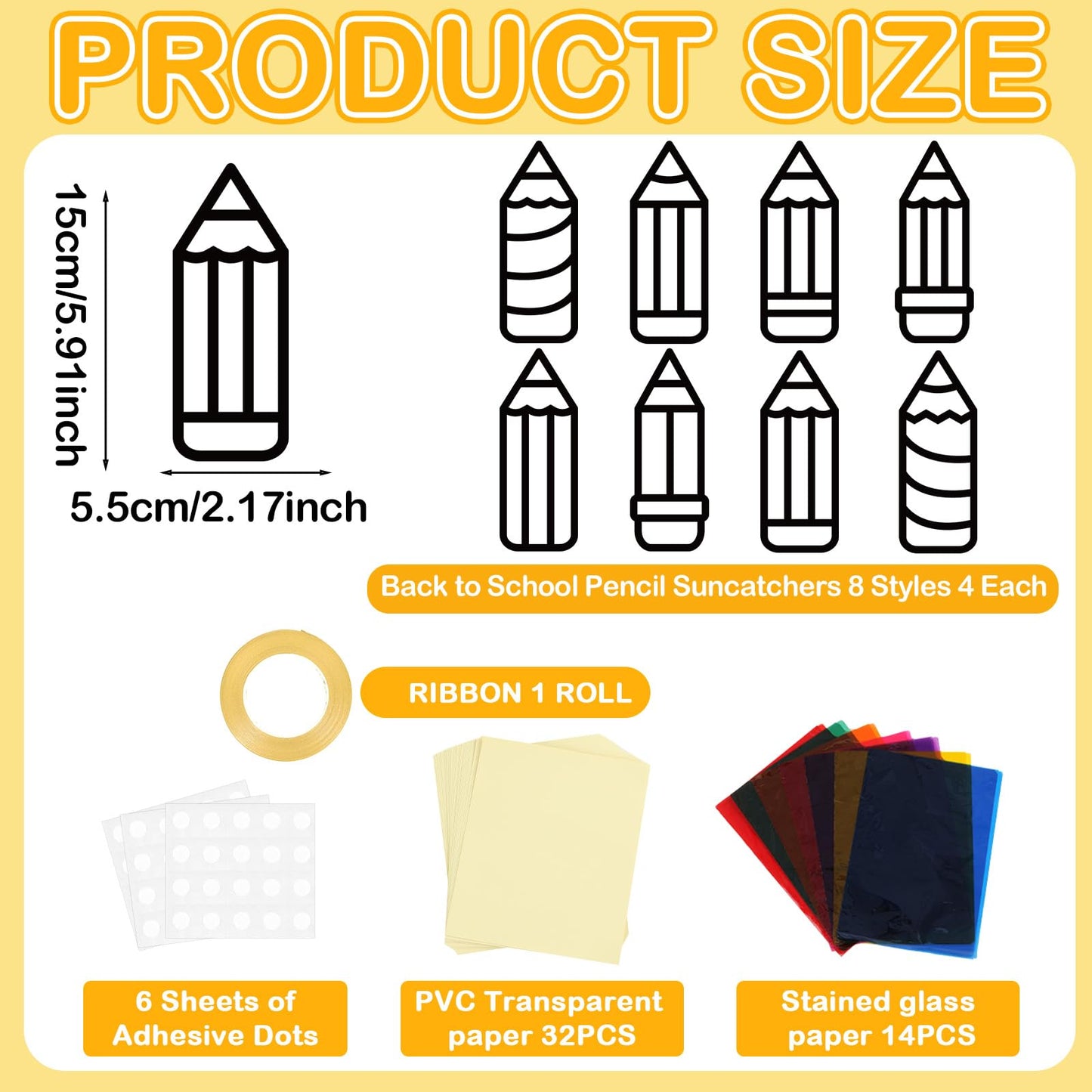 32 Sets Back to School Pencil Suncatchers Craft Kit DIY Window Stained Glass Effect Pencils Paper Crafts for Home School Classro