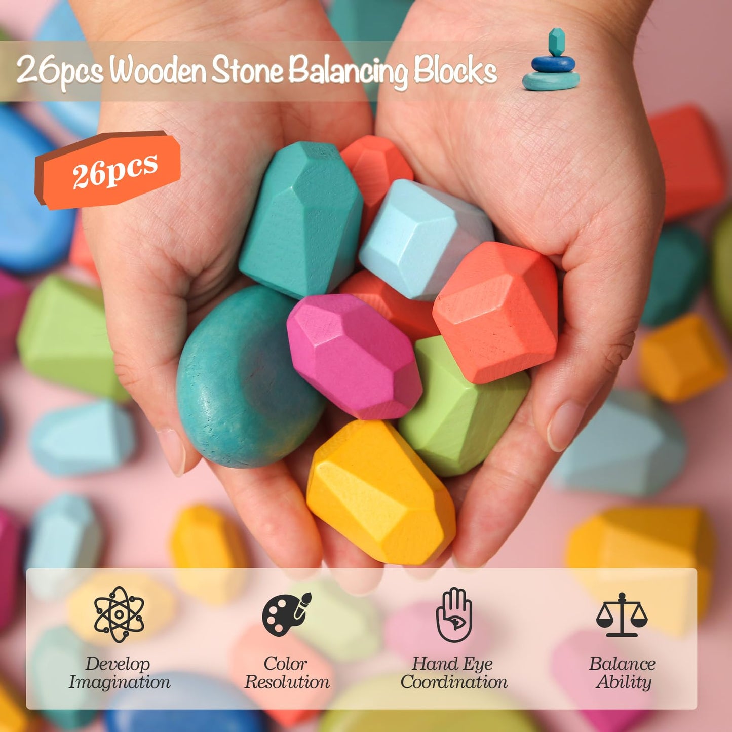 Oessuf Stacking Rocks 26Pcs Stacking Blocks Balancing Stacking Stones Wooden Building Toys Wood Stone Stacking Game For Toddler