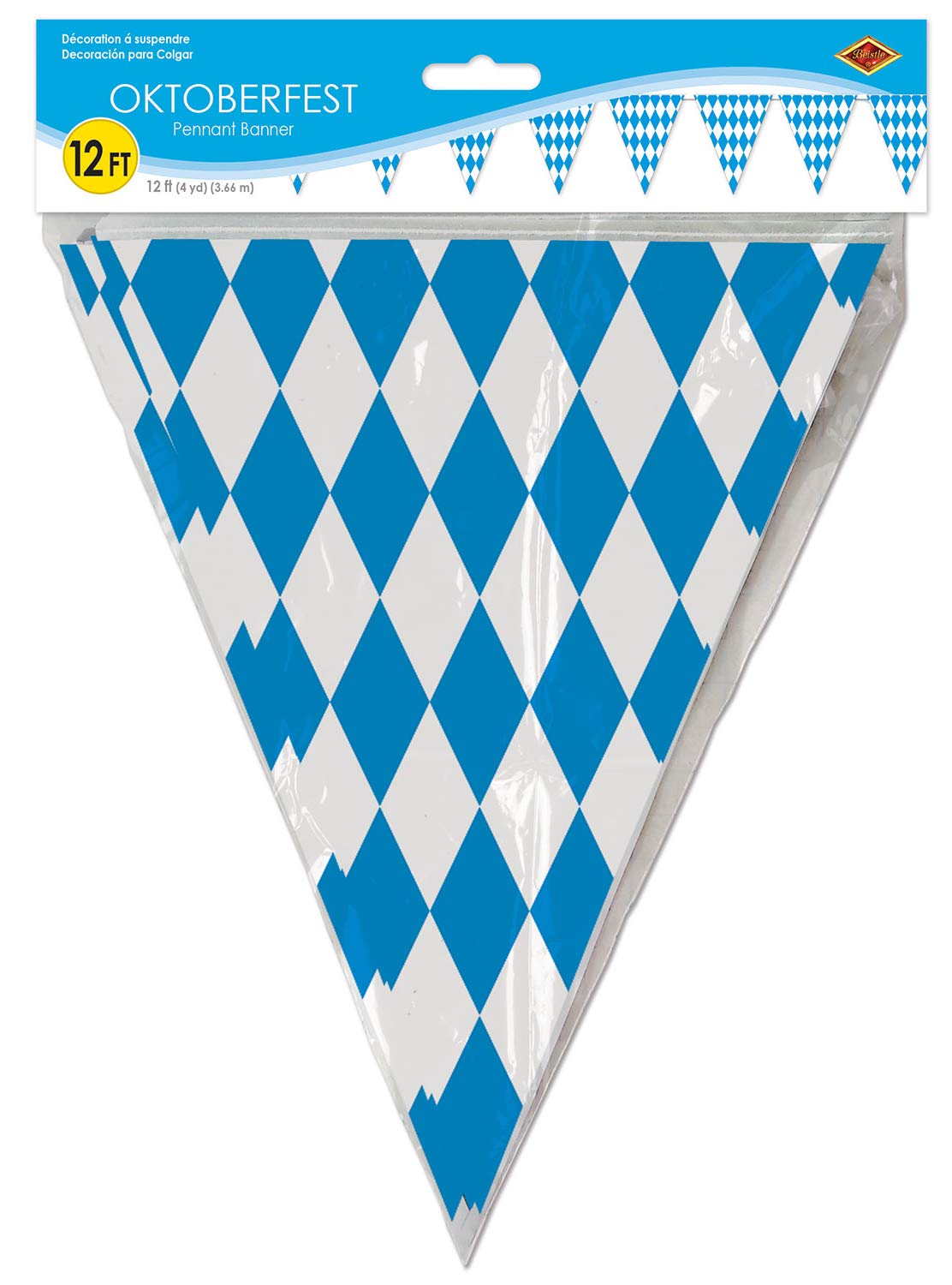 Beistle Plastic Oktoberfest Bavarian Pennant Banner for German Theme Party Supplies, 11 x 12, Blue/White