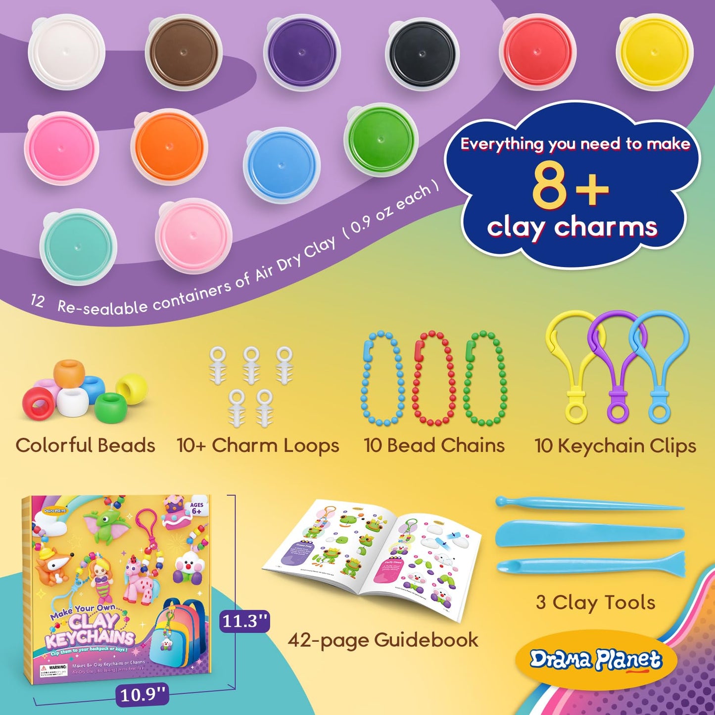 Drama Planet Make Your Own Clay Keychains - Air Dry Clay Craft Kit for Kids Ages 6 and Up, Create 8+ Charms and Bag Decorations,