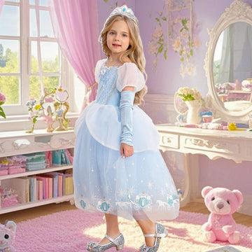 Itvti Cinderella Dress For Girls Kids Blue Princess Costume Halloween Carnival Fancy Dress Up For Cosplay, 6-7 Years(Tag 140)