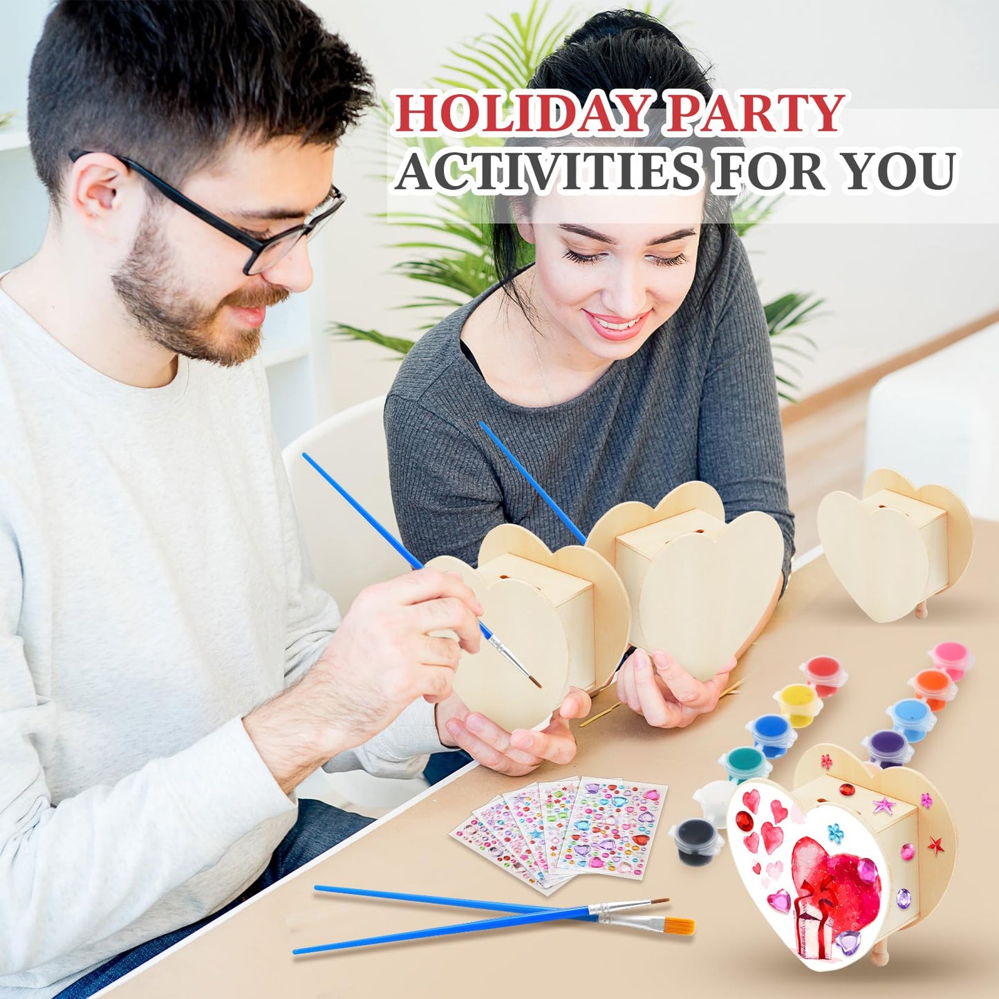 Tioncy 24 Pcs Diy Wooden Piggy Banks Unfinished Heart Shaped Wooden Piggy Coin Banks With 4 Paint Strips 4 Brushes 5 Sheets Gem