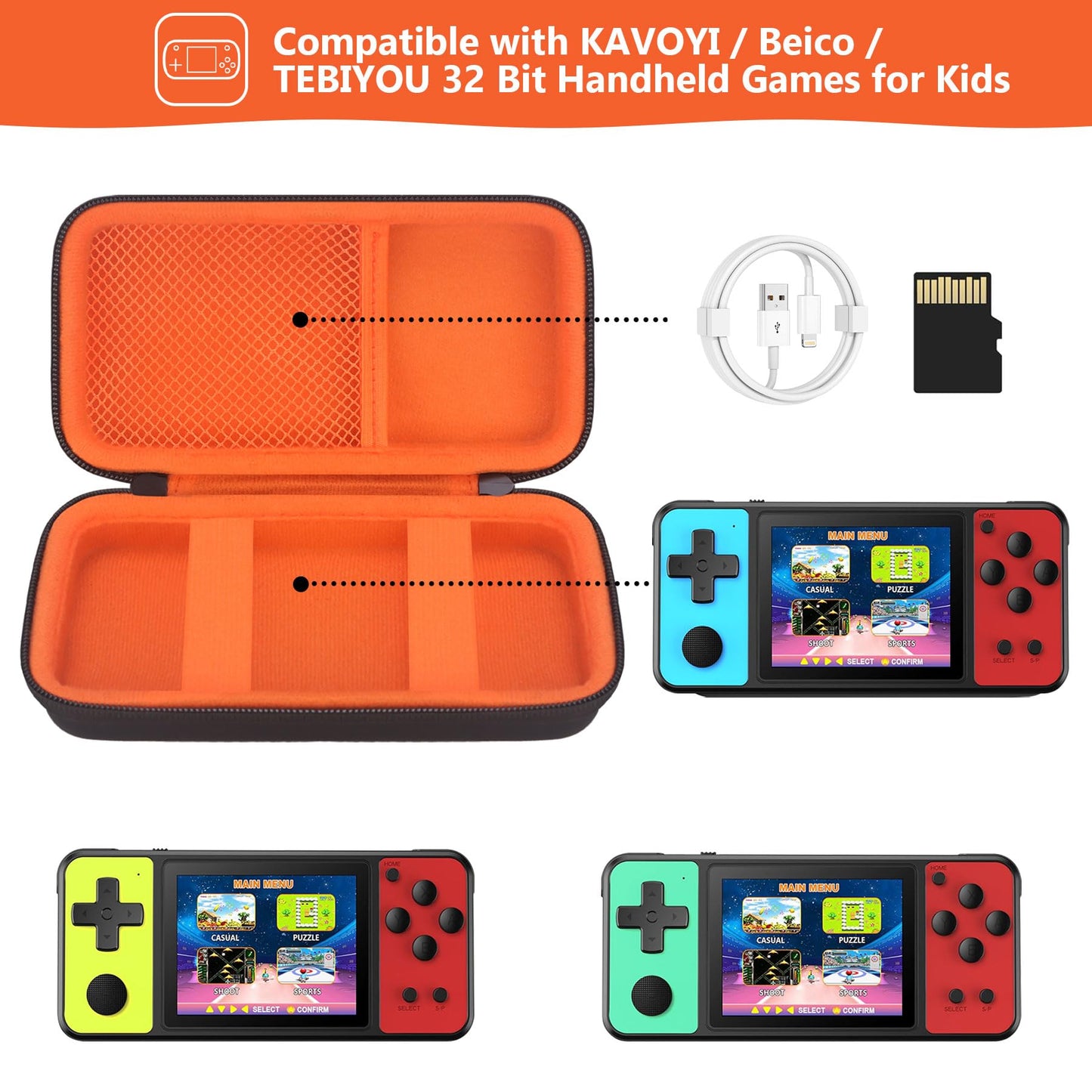 Supmay Carrying Case Compatible with KAVOYI/Beico/TEBIYOU 32 Bit Handheld Games for Kids  Portable Arcade Gaming Player Storage Holder Travel Bag with Mesh Pocket for Battery  USB Cable  Black+Orange