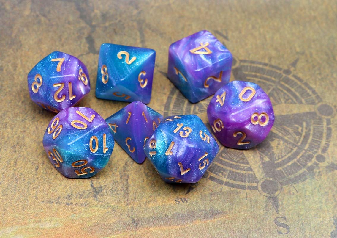 Creebuy Dnd Dice Set Lake Blue & Purple Polyhedral Rpg Dice For Dungeon And Dragons D&D Role Playing Games Table Games Glitter D