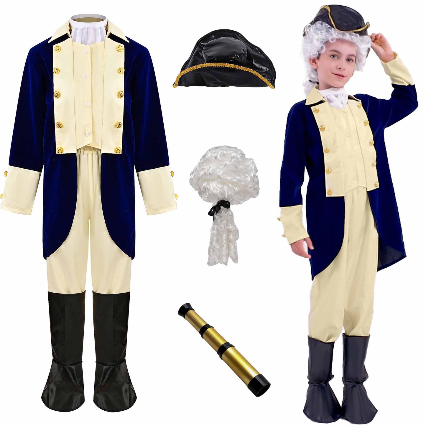 Yunsuelo George Washington Costume For Boys, Kids George Washington Costume With Wig Halloween Alexander Hamilton Colonial Costu