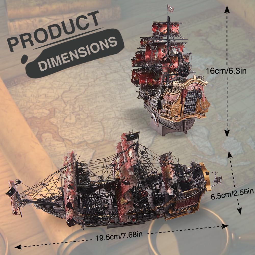 Piececool 3D Metal Puzzles For Adults, Red Queen Anne'S Revenge Pirate Ship Model Kits, 3D Watercraft Model Building Kit, Diy Craft Kits Difficult 3D Puzzles For Family Time