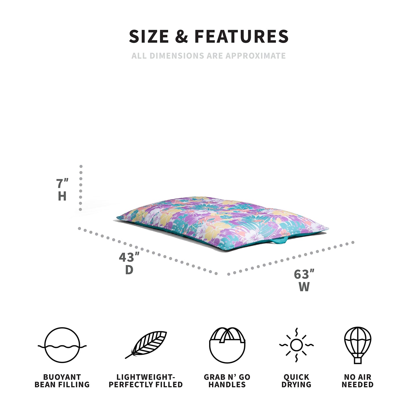 Big Joe Lagoon Lounger No Inflation Needed Pool Float, Tropical Hibiscus Aqua Double Sided Mesh, Quick Draining Fabric, 5 Feet Giant
