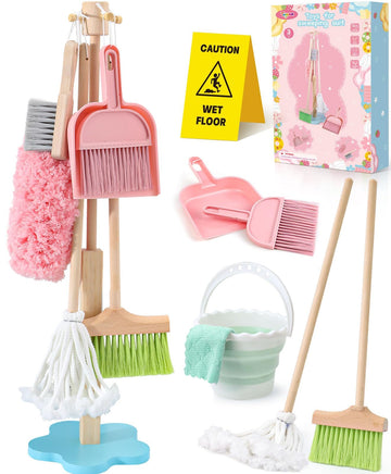 Lonico Wooden Kids Cleaning Toy Set For Toddlers Mop Broom And Dustpan Set, 12 Pcs Detachable Housekeeping Playset With Bucket D