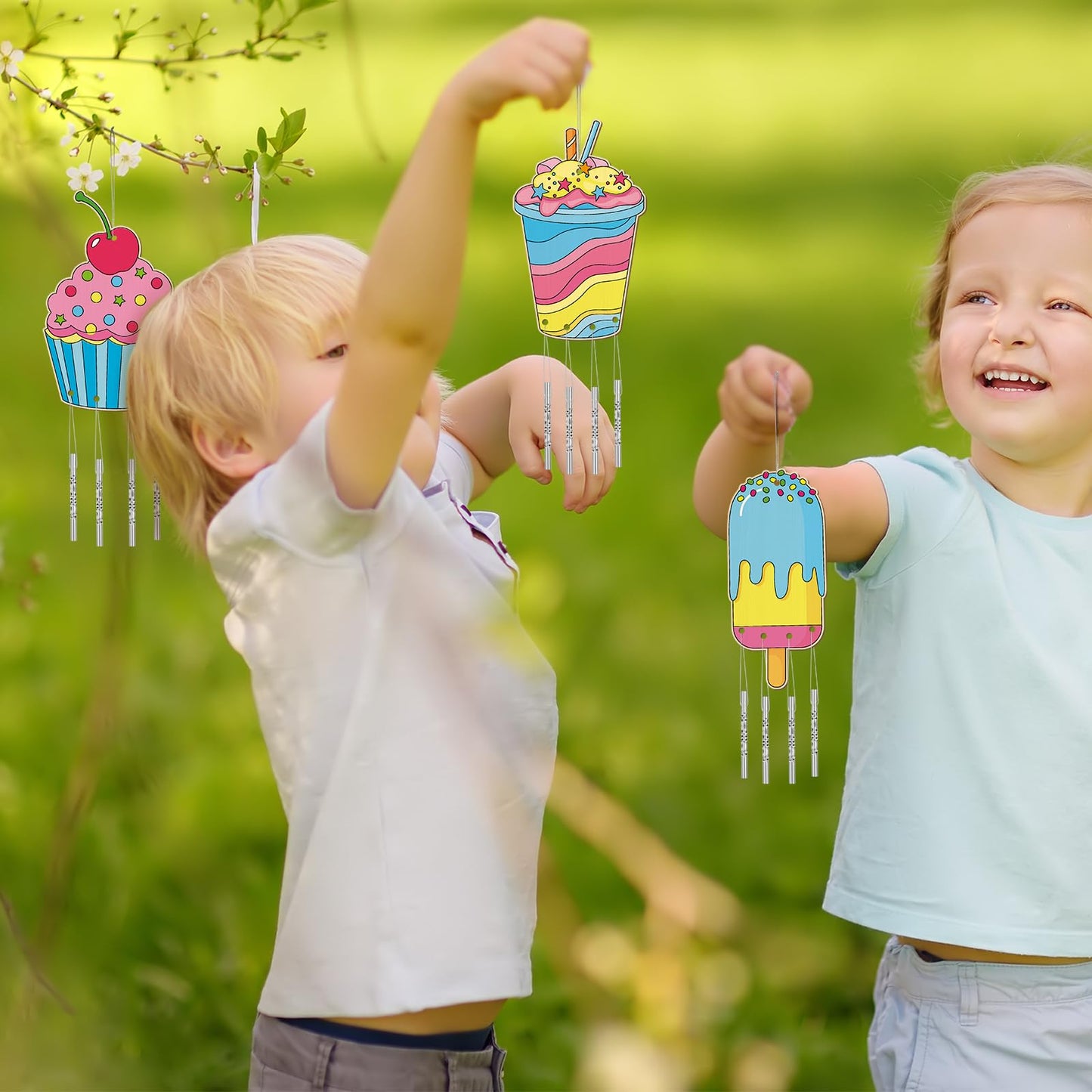 Silipull 24 Sets Ice Cream Wind Chimes Craft for Kids Color Your Own Windchime DIY Unfinished Wood Hanging Ornaments Coloring Wi