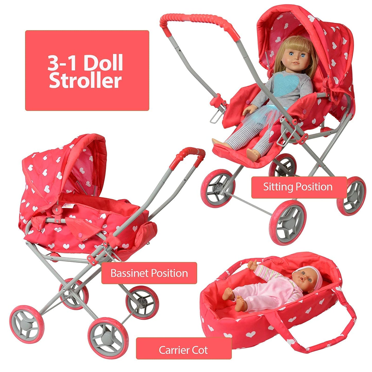 The New York Doll Collection 3-in-1 Baby Doll Stroller Play Set, Pink Hearts, 21x13x26 inches, Metal, Model A149