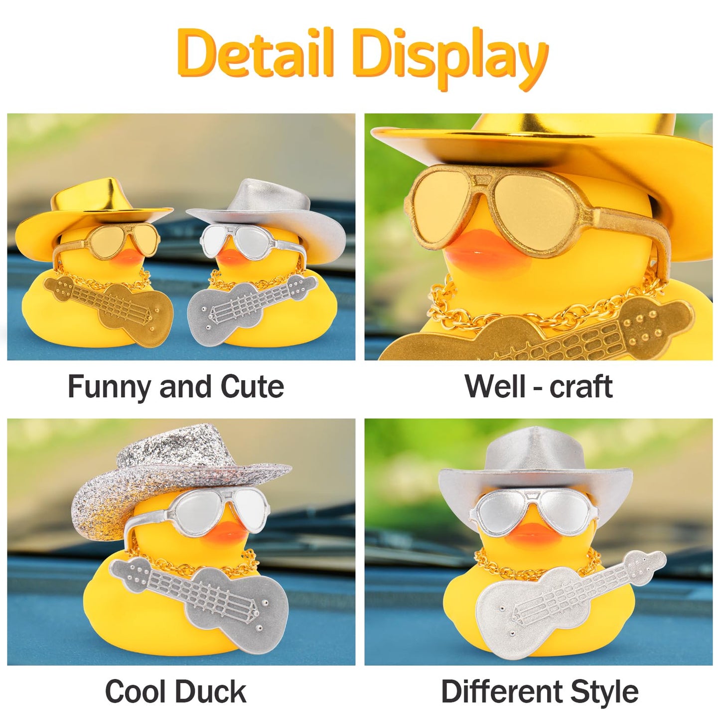 Wonuu Cowboy Hat Car Rubber Ducks, Dashboard Decorations Rubber Ducky For Car Ornament Cute Duck With Hat, Glasses, Necklace, Mi