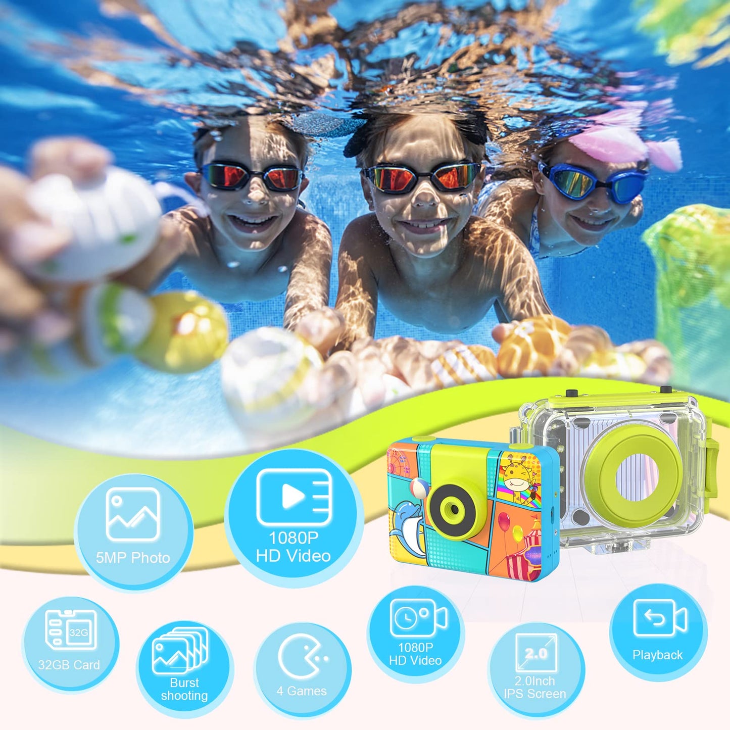 Kids Digital Camera,Kids Underwater Camera,20Mp 1080P Waterproof Kids Selfie Camera With 32G Sd Card,Children Action Sports Came