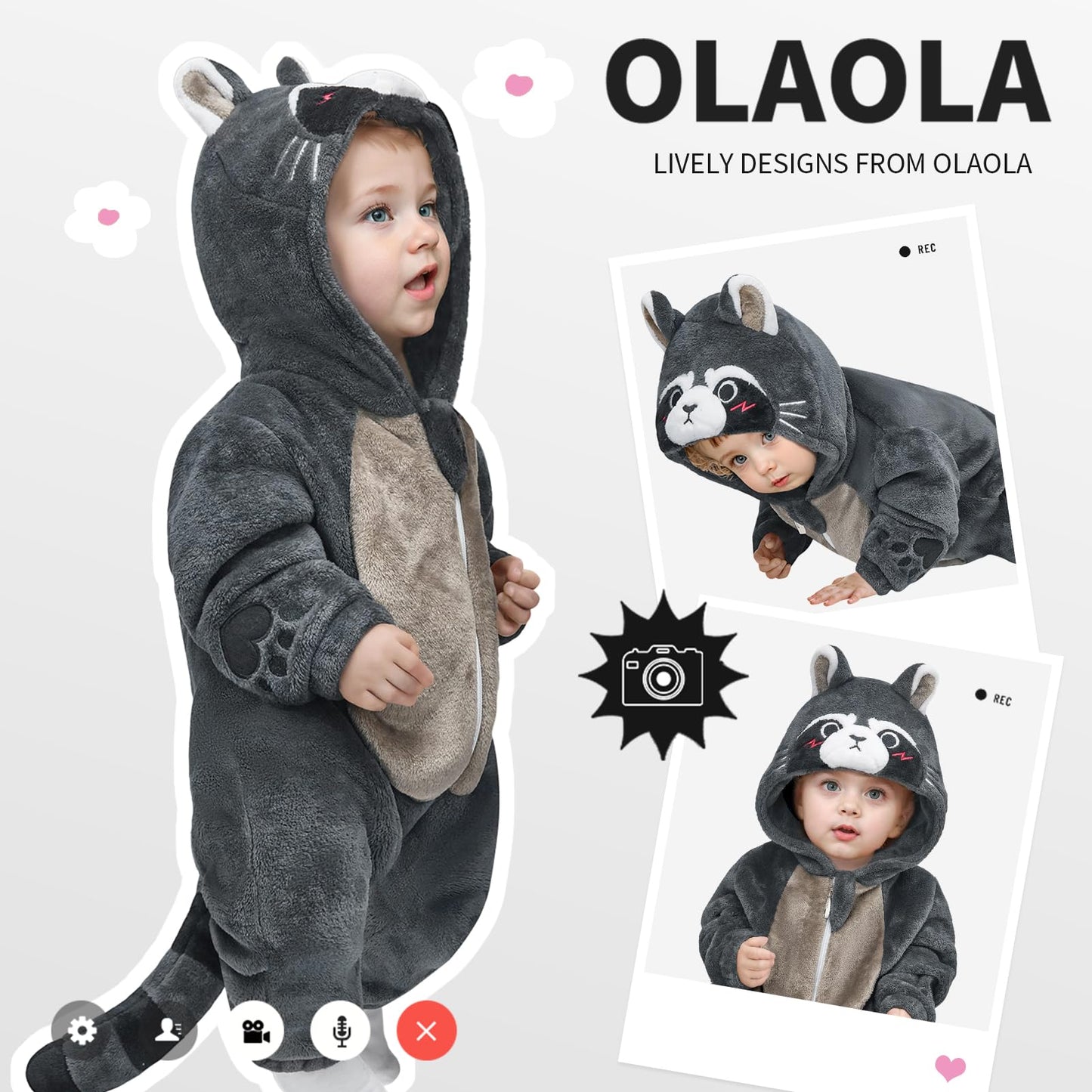 Olaola Baby Animal Costume Onesie, Unisex Toddler Raccoon Romper, Plush Cosplay Dress Up Infant Outfits Halloween Costume