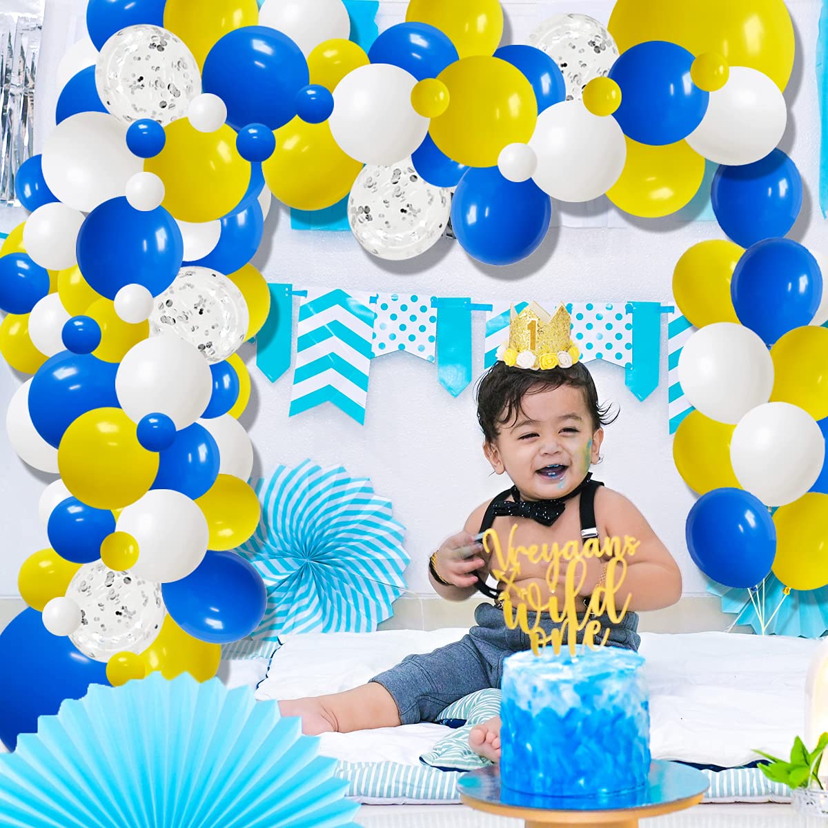 Blue Yellow White Balloon Garland Arch Kit, 116Pcs Royal Blue Yellow White Silver Confetti Balloons For Birthday Bridal Baby Sho