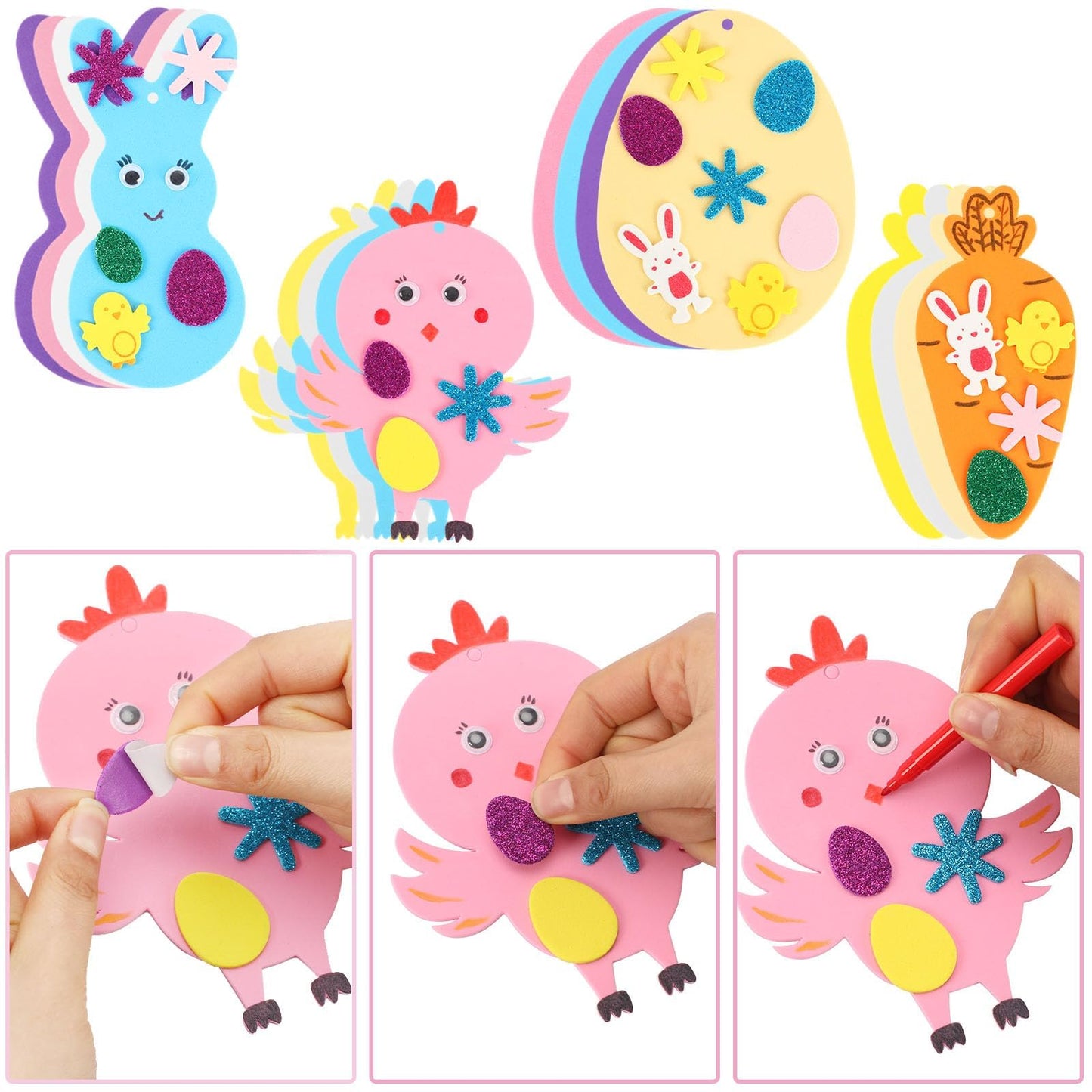 JULBEAR Easter Foam Crafts for Kids, 260 Pcs Foam Easter Foam Stickers Egg Rabbit Carrot Chick Arts and Crafts Kits, DIY Sticker