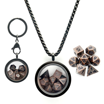 PJOY Mini Dice Set Tiny DND Dice with Necklace Case D&D Portable 7PCS Keychain Antique Copper Metal Dice Set for Role Playing Di