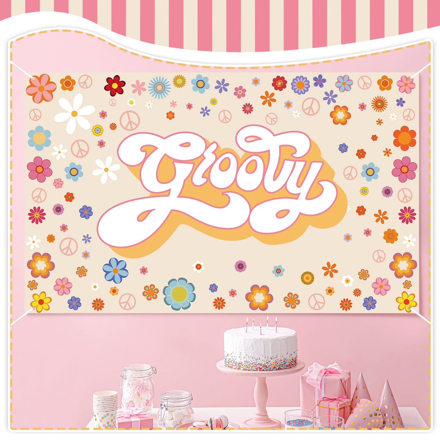 Groovy Party Backdrop Banner Hippie Birthday Two Groovy Party Decoration Daisy Flower Boho Party Photography Backdrop Groovy Par