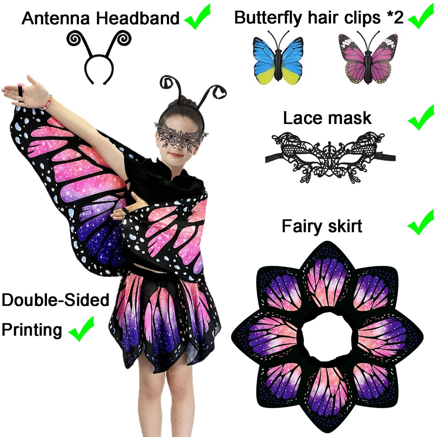 Yamisan Butterfly Costumes For Girls, Kids Fairy Butterfly Wings With Tutu Dress Up For Halloween Party Costume Set - Double Sid