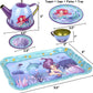 Tea Set For Little Girls Pretend Play Tin Tea Party Set Mermaid For Kids With Carrying Case (15 Pcs)