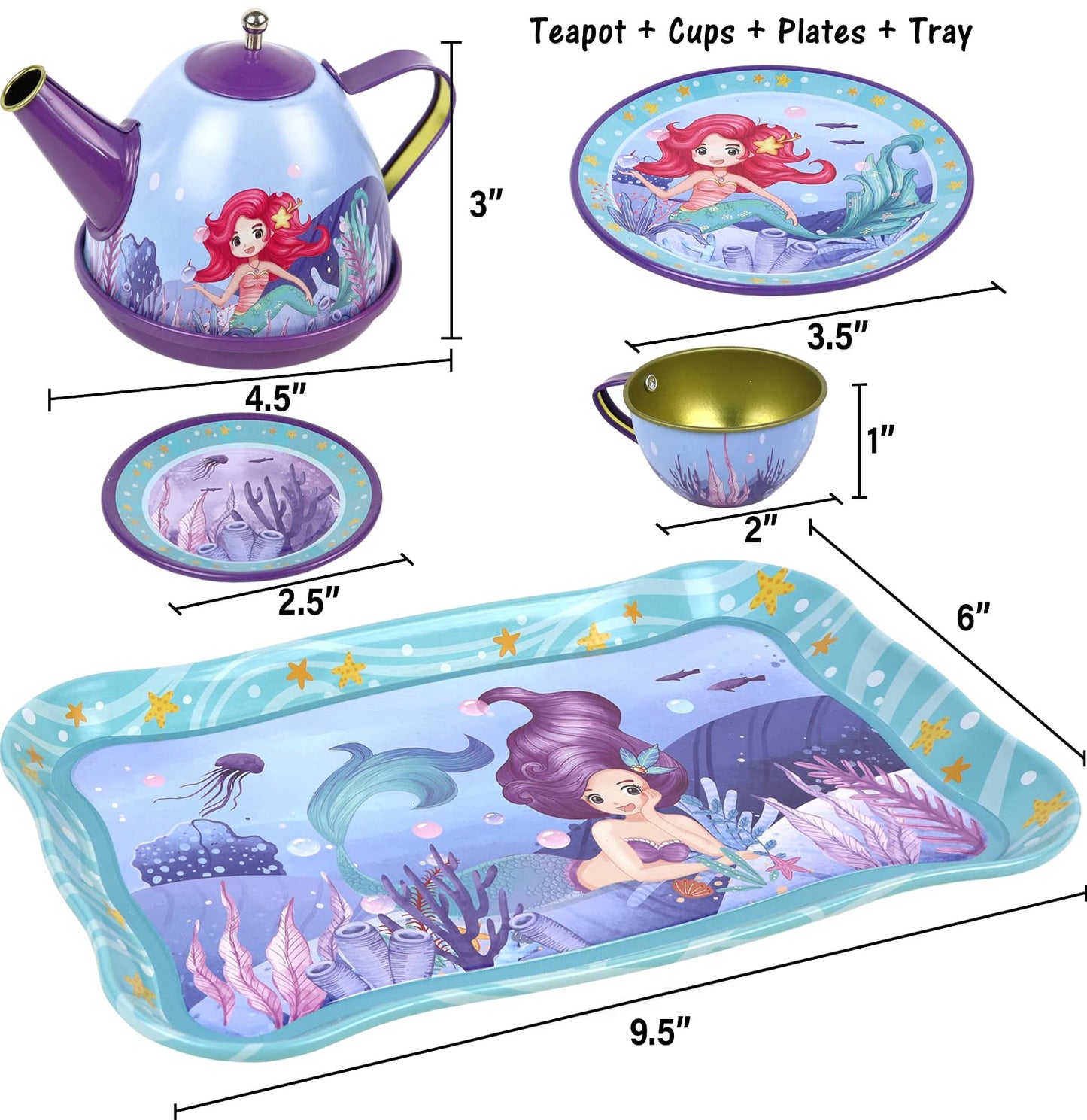 Tea Set For Little Girls Pretend Play Tin Tea Party Set Mermaid For Kids With Carrying Case (15 Pcs)
