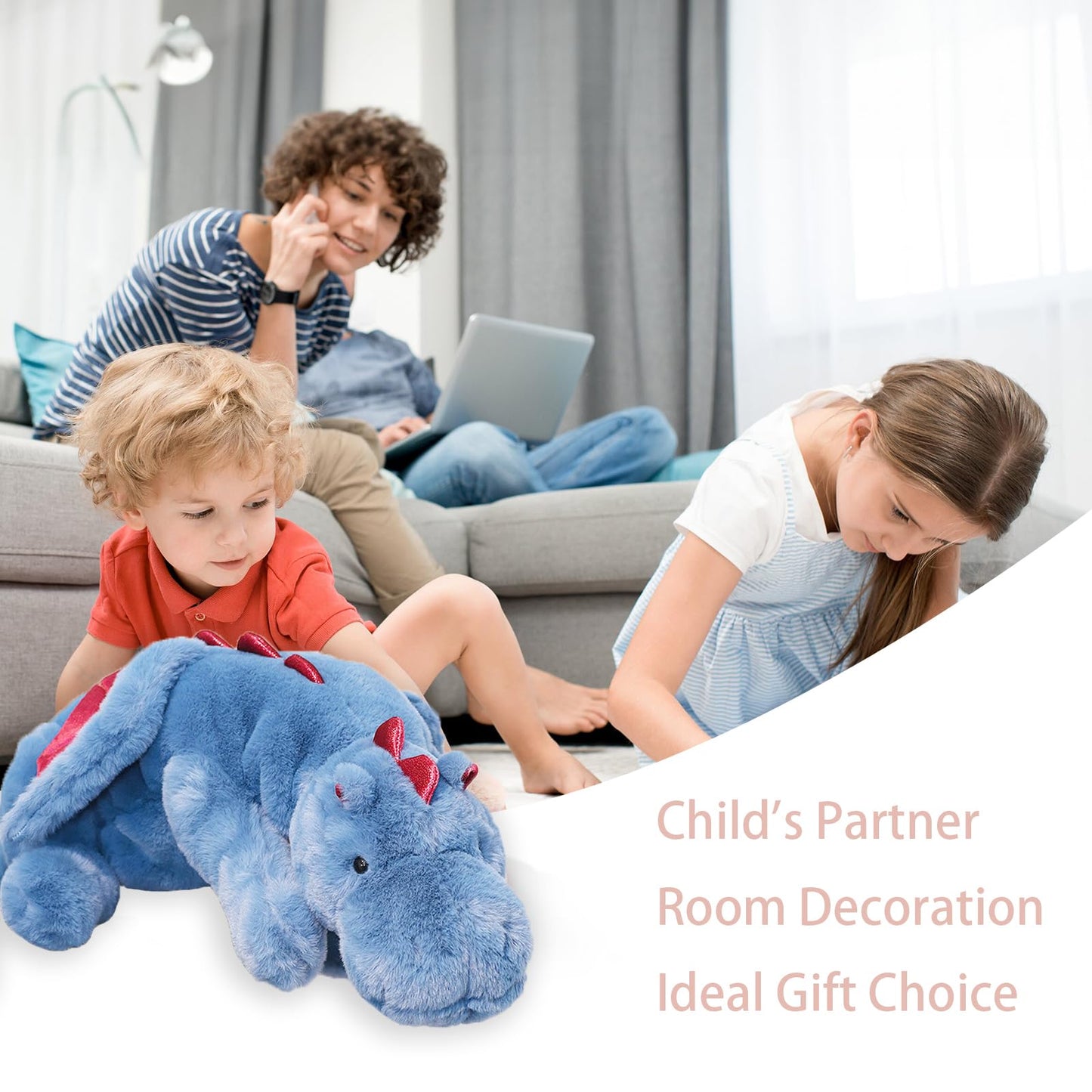 YOUBLEK 5Lb Weighted Plush Dragon Toy - Cute Blue Dinosaur for Kids & Adults, Great Gift or Decoration