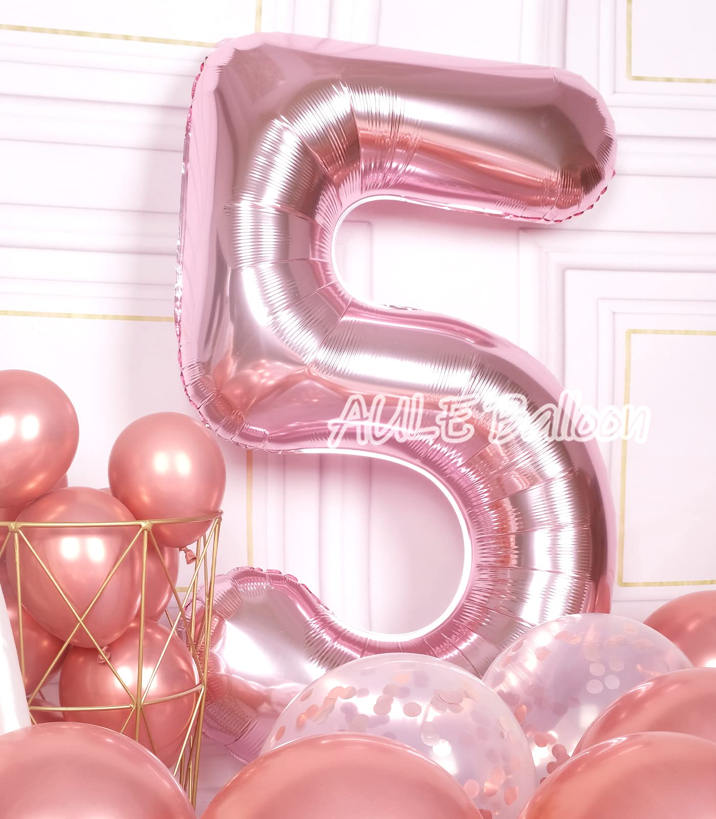 Aule 40 Inch Big Rose Gold 5 Balloon Number Large Foil Helium Number Balloons 0-9 Jumbo Giant Happy 5Th Birthday Party Decoratio