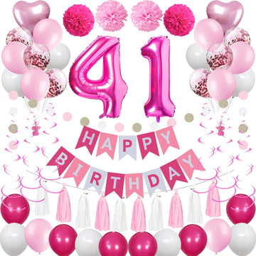 Sweet 41St Birthday Decorations For Women, Pink And White 41 Happy Birthday Balloons, 41St Birthday Party Supplies Including Pin