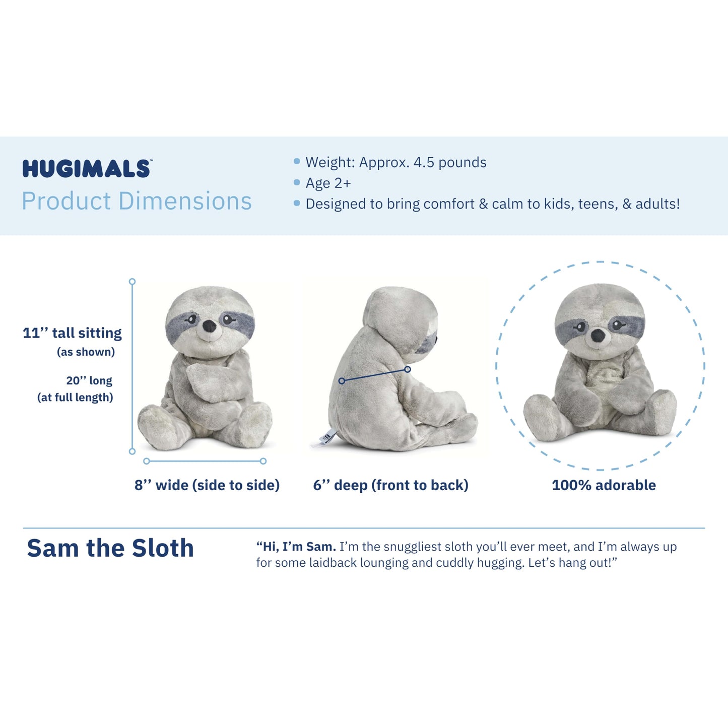 Hugimals Sam The Sloth 4.5 Lb Heavy Cute Weighted Comfort Plush Large Unscented Self Care Stuffed Animal For All Ages - Kids, Teens And Adults
