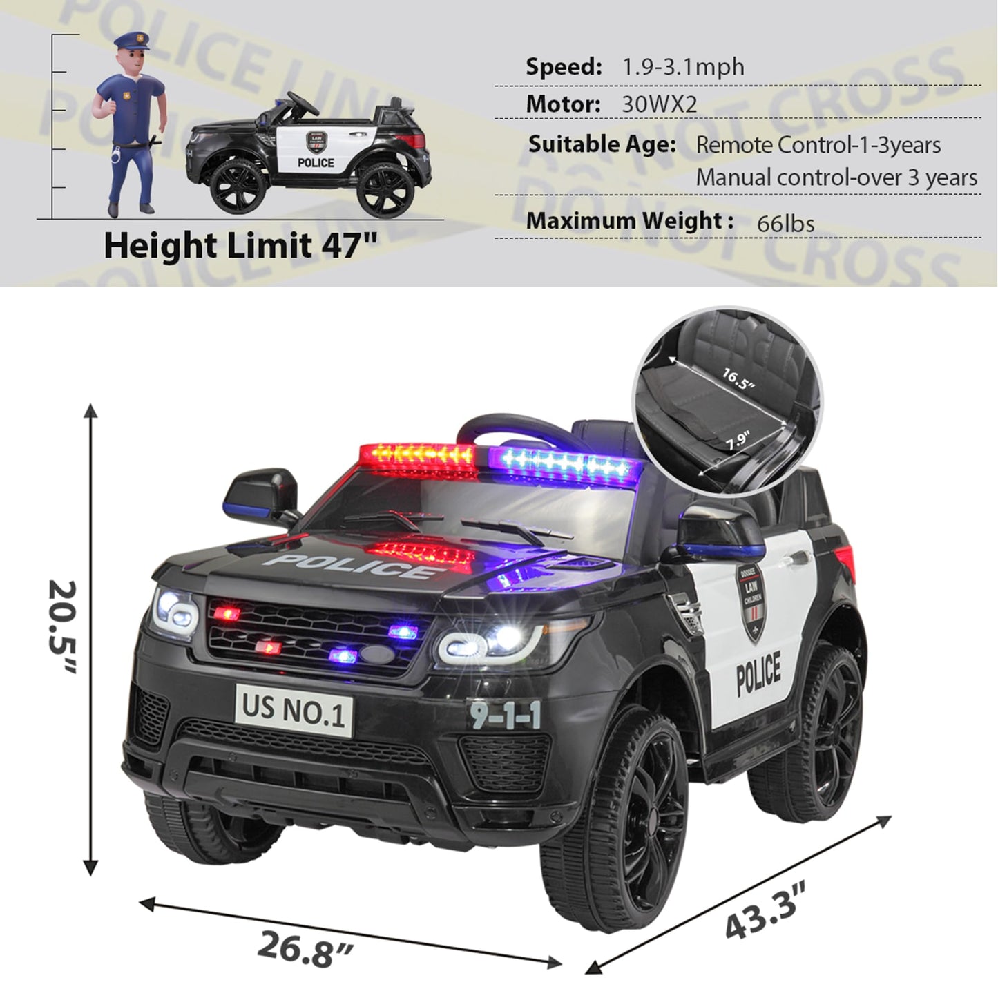 Police Car Ride On TOBBI Kid Car Cop Car for Kids to Drive with Parent Remote 12V Big Police Car Toys for Boys Toddler Electric