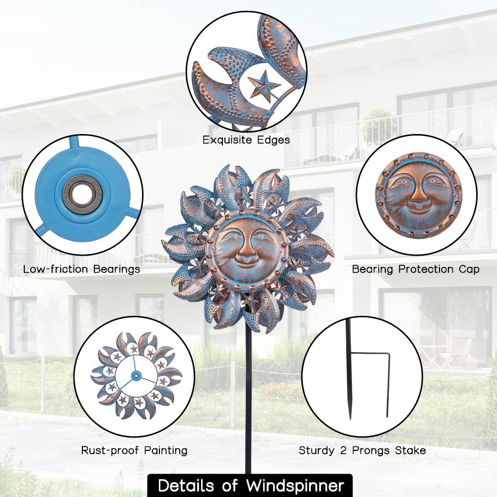 Viveta Outdoor Wind Spinners, 13.2 Inch Metal Wind Sculpture,Sun Face Windmill for Yard Patio Lawn Garden Decoration
