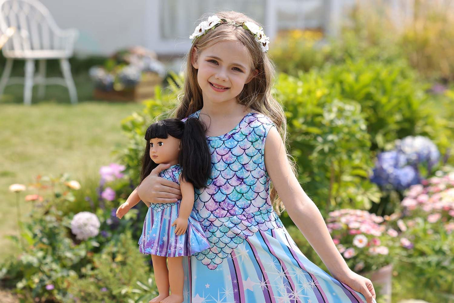 Bow Dream Girl Dress and Matching American Girl Doll Clothes Accessoriess Rainbow Mermaid Unicorn Size 150