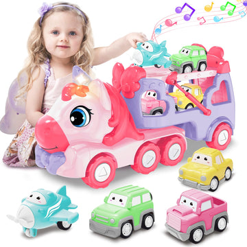 seveclotree Toys for 1 2 3 Year Old Girl, 5-in-1 Unicorn Toys Carrier Truck Toy Cars with Light & Sound,Girl Toddler Toys Age 2-