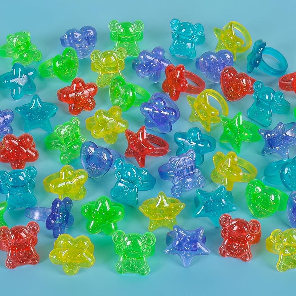 Rhode Island Novelty Plastic Glitter Rings, 144 Assorted Colors And Designs