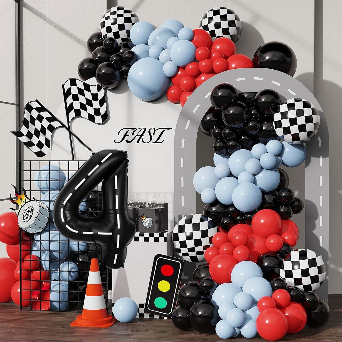Race Car Birthday Balloons Decorations, 40 Inch Racetrack Black Number 4 Balloons, Large Mylar Black 4 Balloon For 4St Birthday