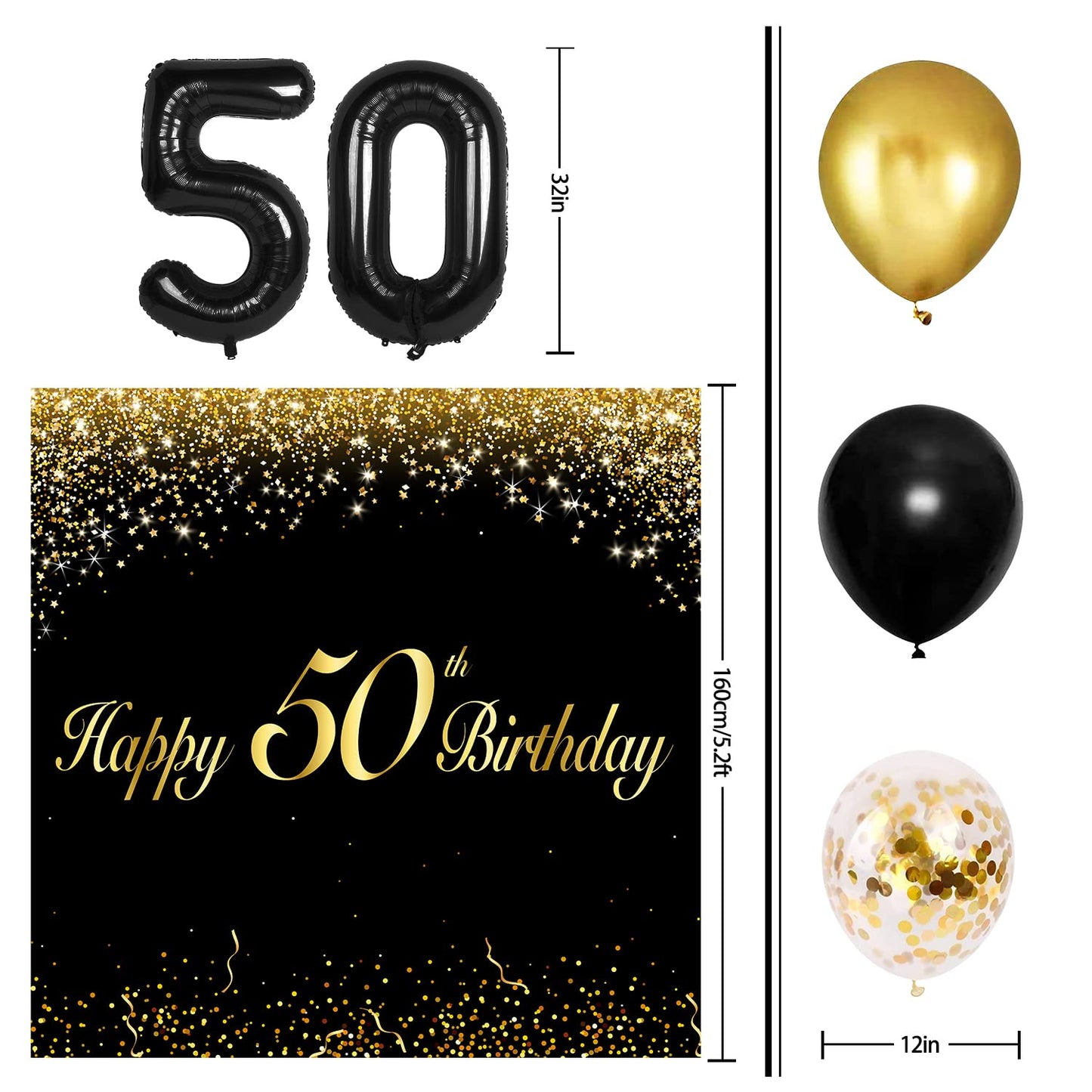 Happy 50Th Birthday Balloons Black Set Decor - Cheers To 50 Years Old Party Theme Garland Banner Backdrop Decorations For Women