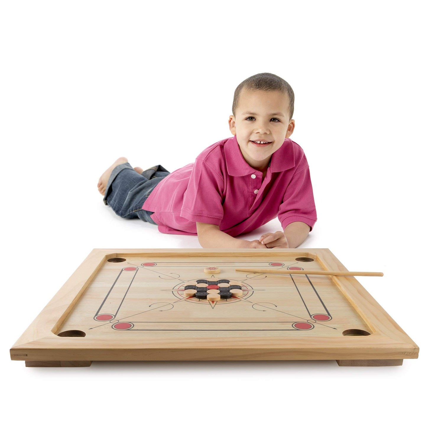 TMG Deluxe Wooden Carrom Table Game Set - Large Size, Black, Includes Cue Sticks, Coins, Queen, and Striker