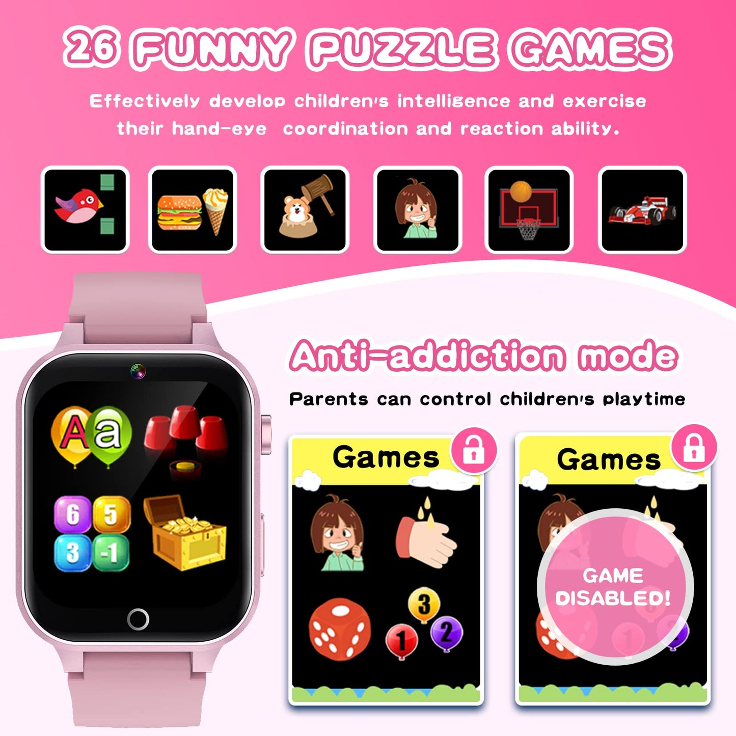 Kids Smart Watch Gift For Girls Age 5-12, 26 Games Hd Touch Screen Watches With Video Camera Music Player Pedometer Flashlight 12/24 Hr Educational Toys Birthday Gifts For Girls Ages 7 8 9 10